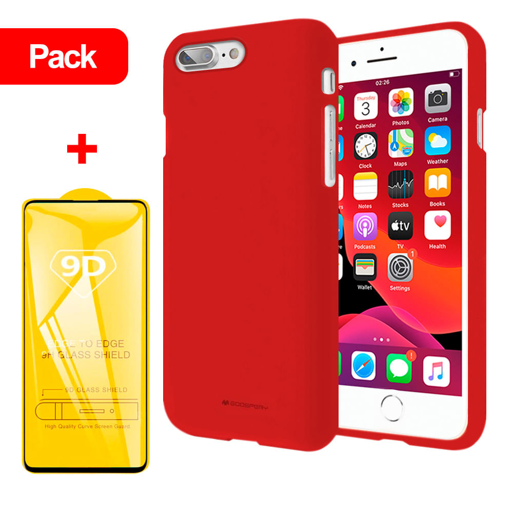 Combo Funda Case Soft Feeling Rojo + Mica 9D para iPhone 8 Plus Resistente a Caidas y Golpes