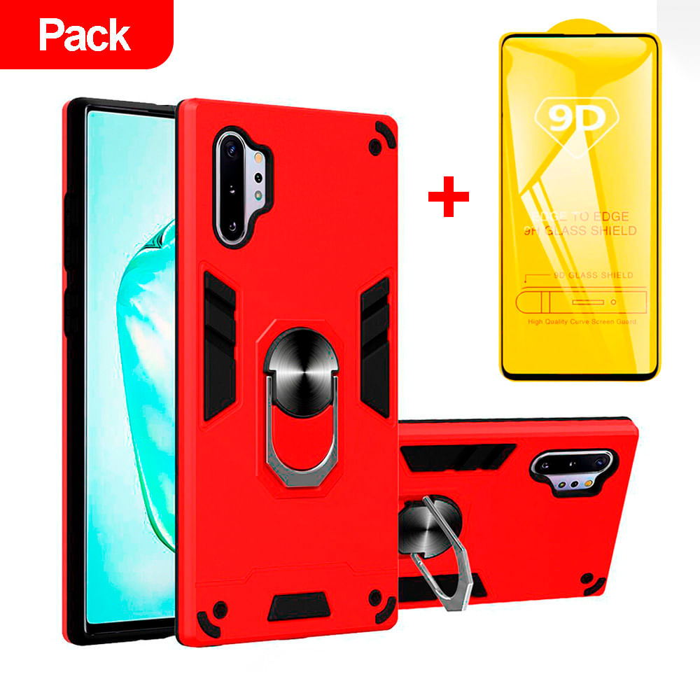 Combo Funda Case Rojo con Anillo Metálico + Mica 9D para LG Q60 Resistente a Caidas y Golpes