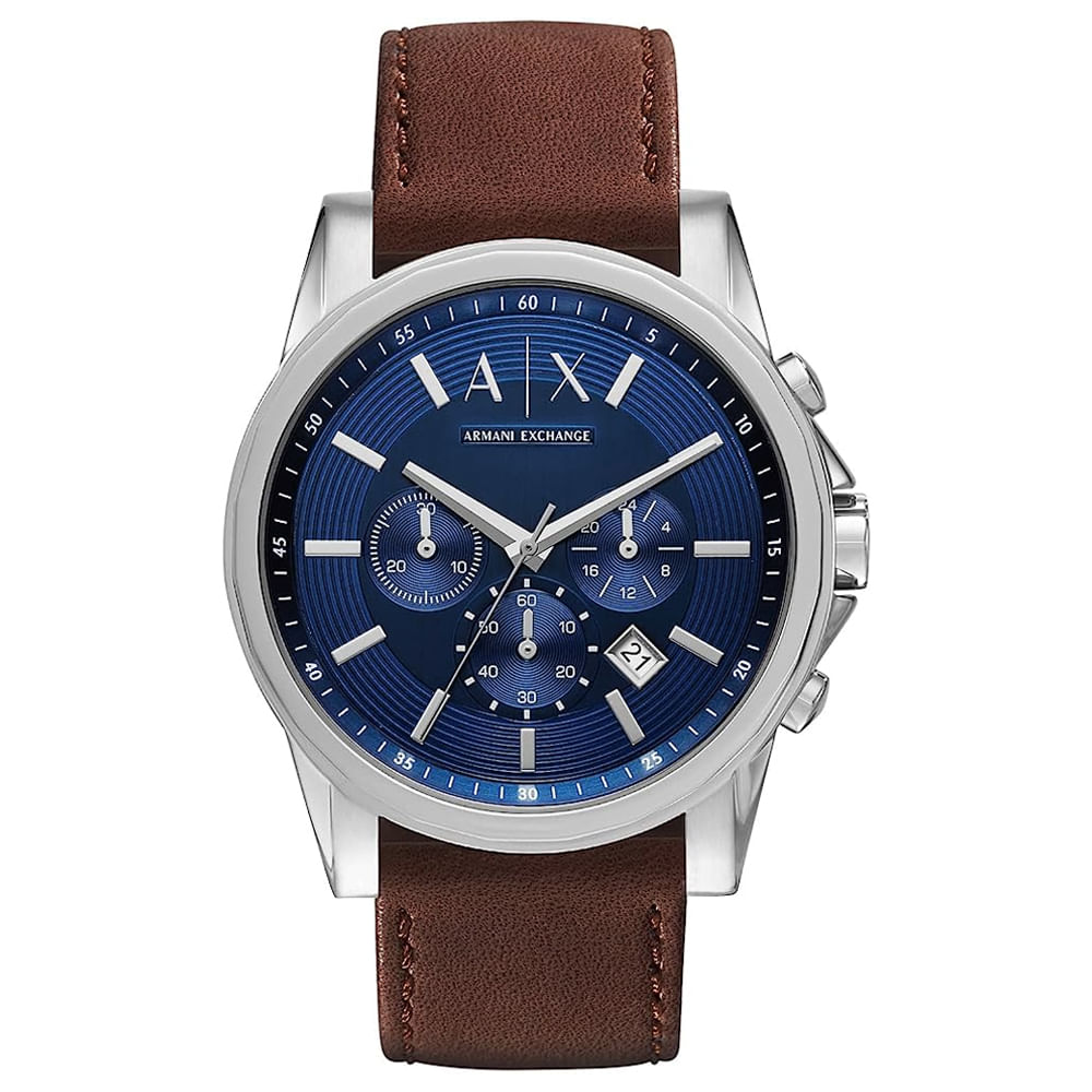 Reloj Armani Exchange Outerbanks AX2501 Fecha Cronómetro Cuero Marrón Dial Azul