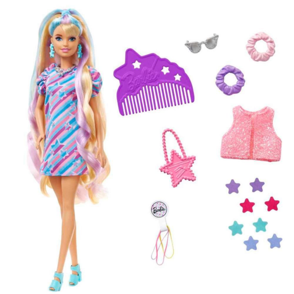 Muñeca Barbie Totally Hair Vestido Estrellas