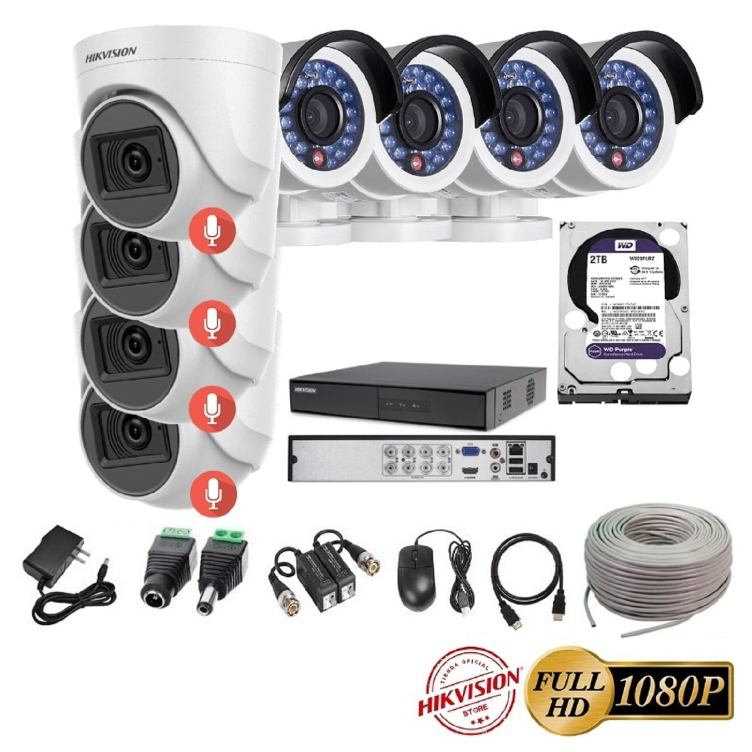 kit 8 Cámaras Seguridad FULLHD Hikvision + 2TB + AUDIO + Cable