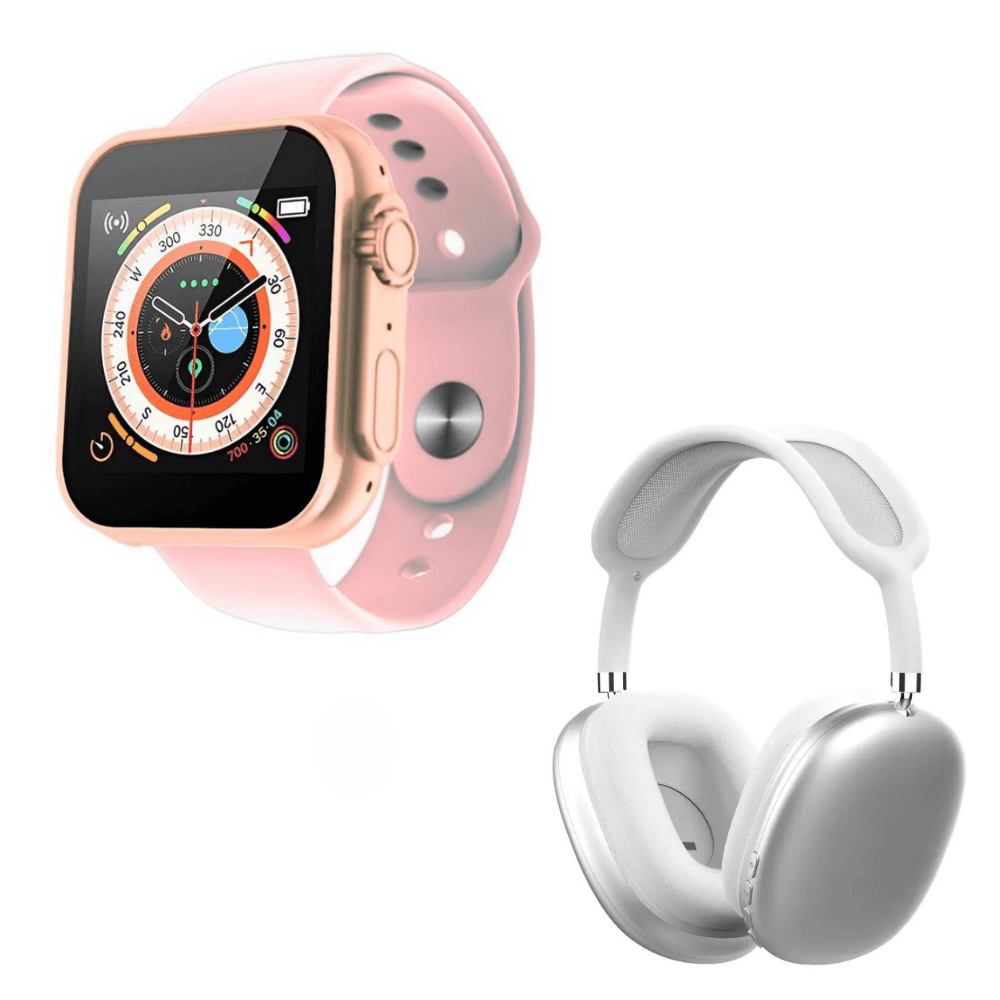 Pack Smartwatch D20 Ultra Rosado y Audífonos Bluetooth P9 Blanco