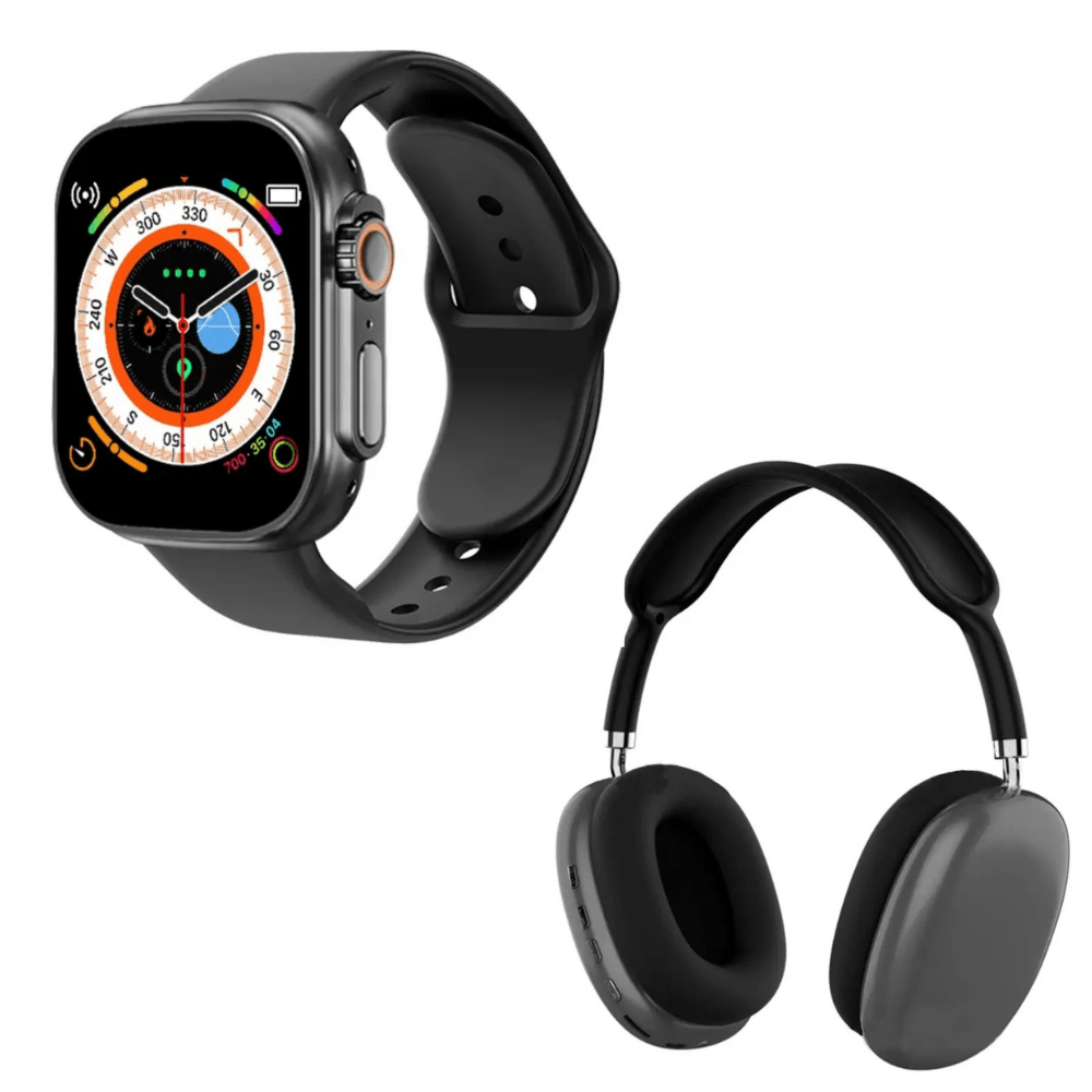 Pack Smartwatch D20 Ultra Negro y Audífonos Bluetooth P9 Negro