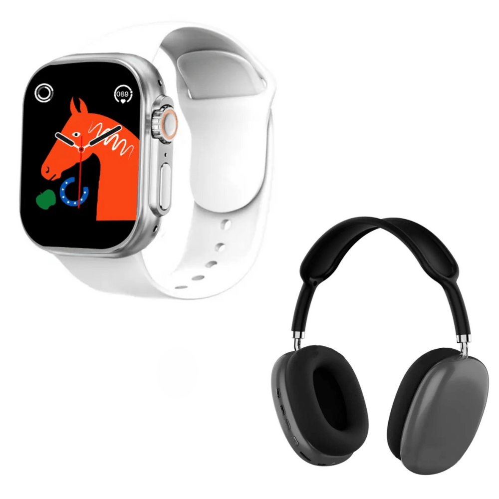 Pack Smartwatch D20 Ultra Blanco y Audífonos Bluetooth P9 Negro
