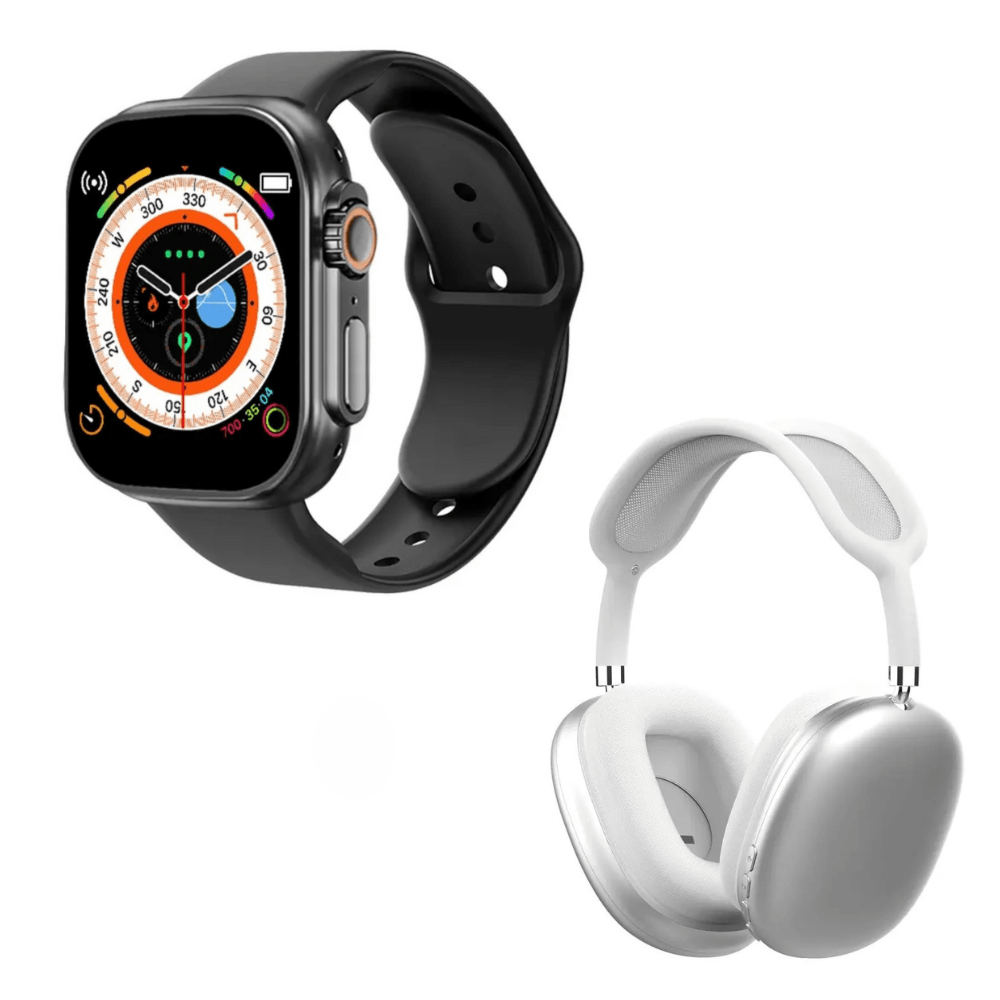 Pack Smartwatch D20 Ultra Negro y Audífonos Bluetooth P9 Blanco