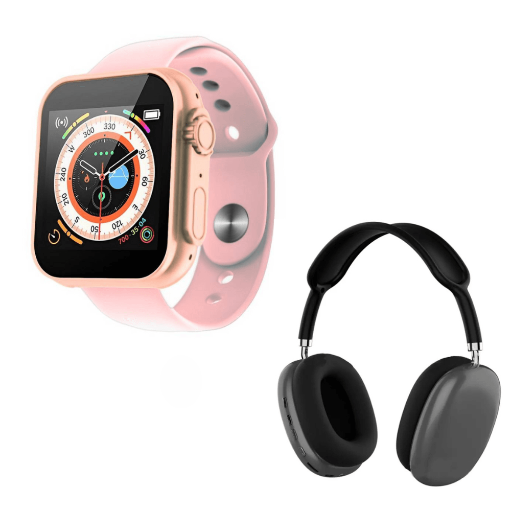 Pack Smartwatch D20 Ultra Rosado y Audífonos Bluetooth P9 Negro