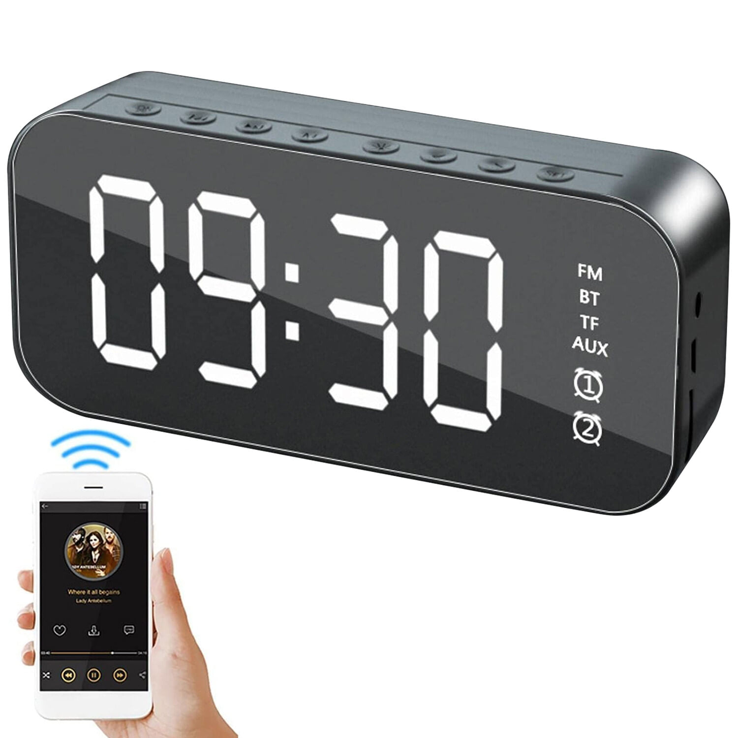 Reloj Despertador Altavoz Bluetooth Pantalla Digital Sonido Estéreo Pantalla De Espejo Led Negro
