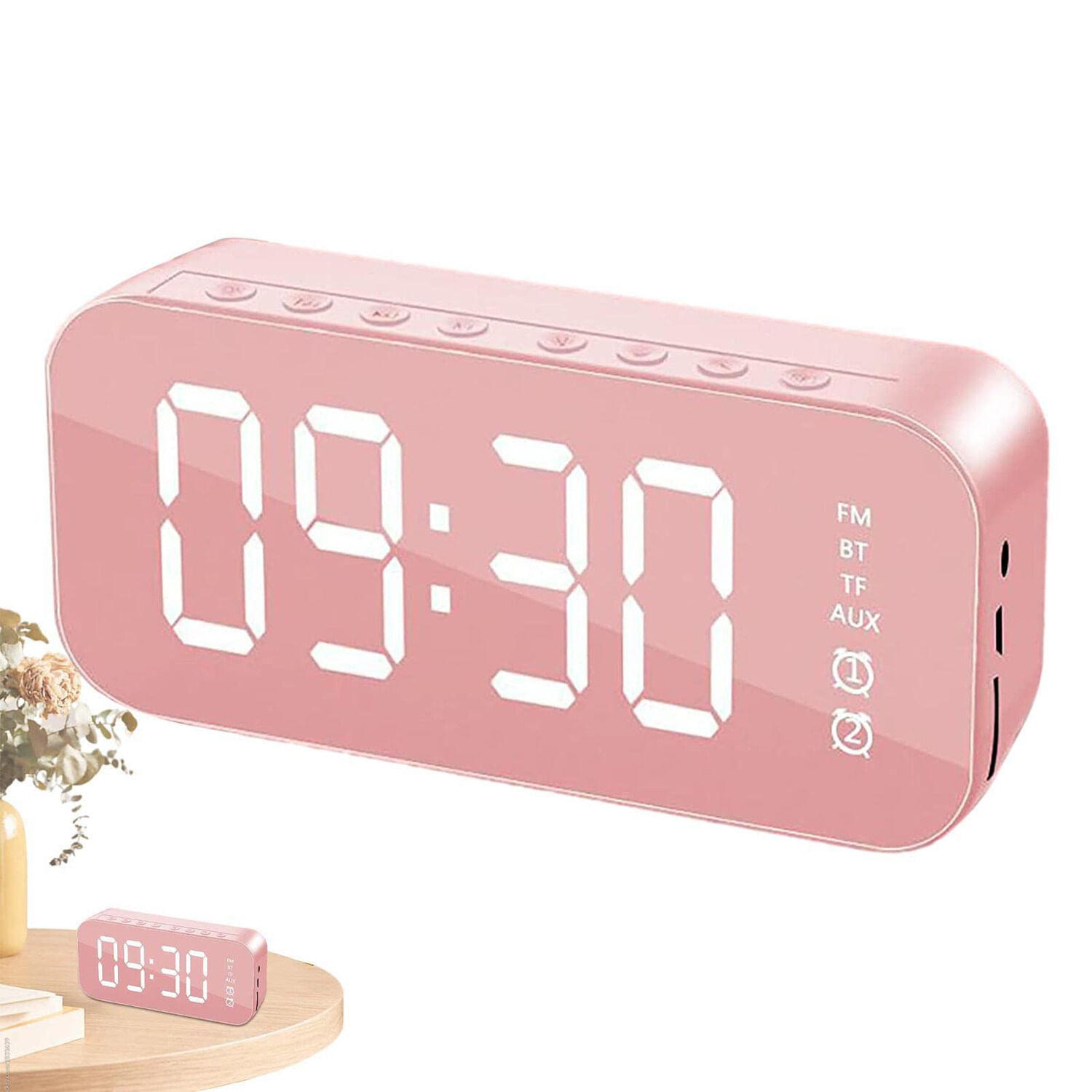 Reloj Despertador Altavoz Bluetooth Pantalla Digital Sonido Estéreo Pantalla De Espejo Led Rosa