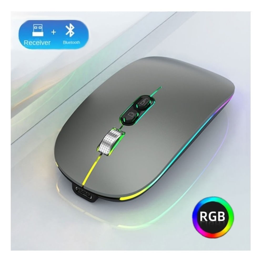 Mouse Recargable Bluetooth Dual Carga Tipo C RGB Led Gamer - GRIS