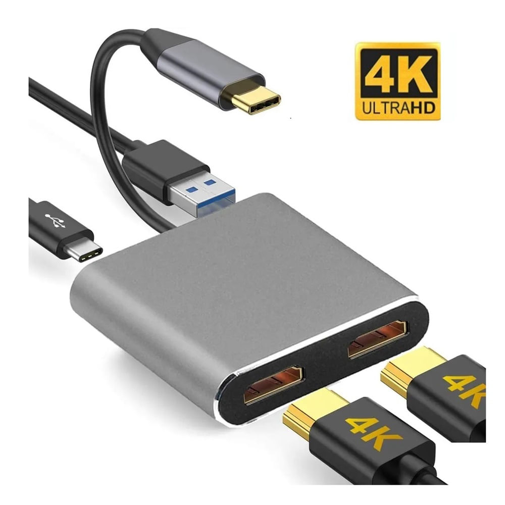 Convertidor Adaptador 4 en 1 Tipo C a Dual HDMI 4K USB 3.0 Tipo C PD