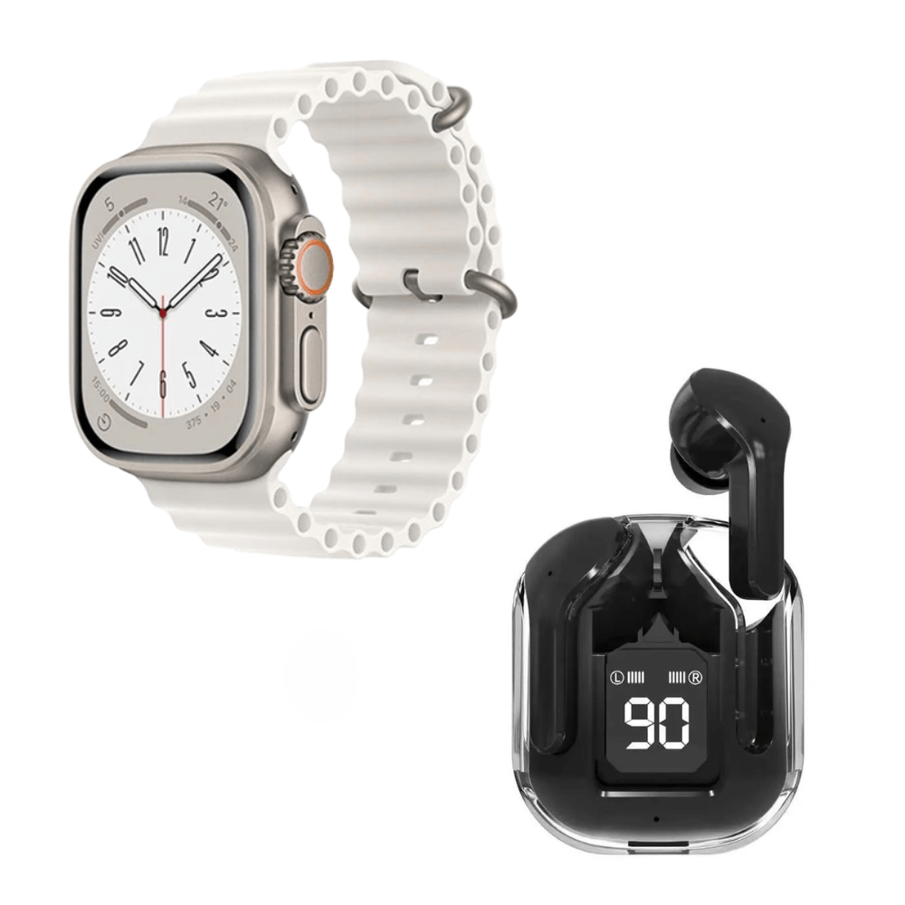 Pack Smartwatch T900 Ultra L Big Blanco y Audífonos Air 31 Negro