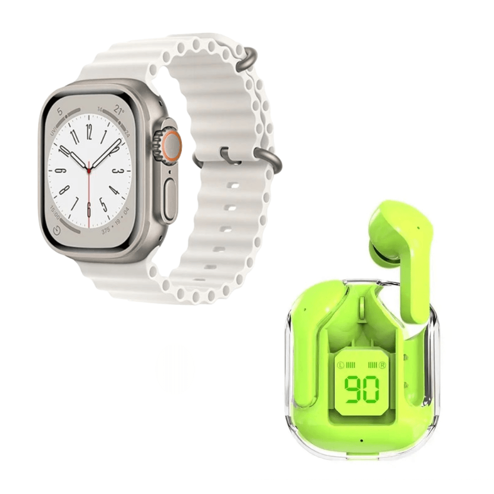 Pack Smartwatch T900 Ultra L Big Blanco y Audífonos Air 31 Verde