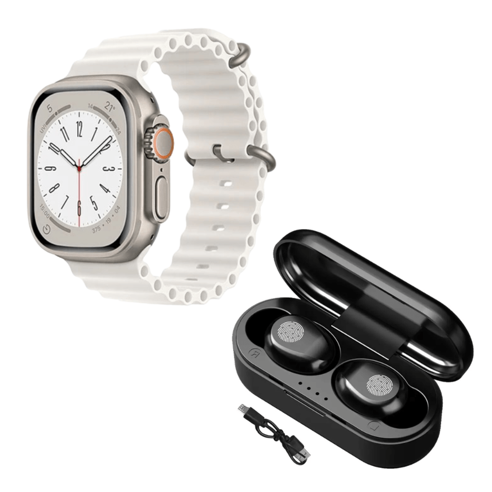 Pack Smartwatch T900 Ultra L Big Blanco y Audífonos Bluetooth F9 Mini