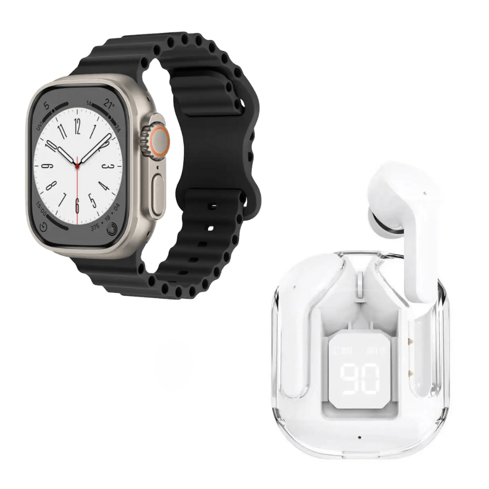 Pack Smartwatch T900 Ultra L Big Negro y Audífonos Air 31 Blanco