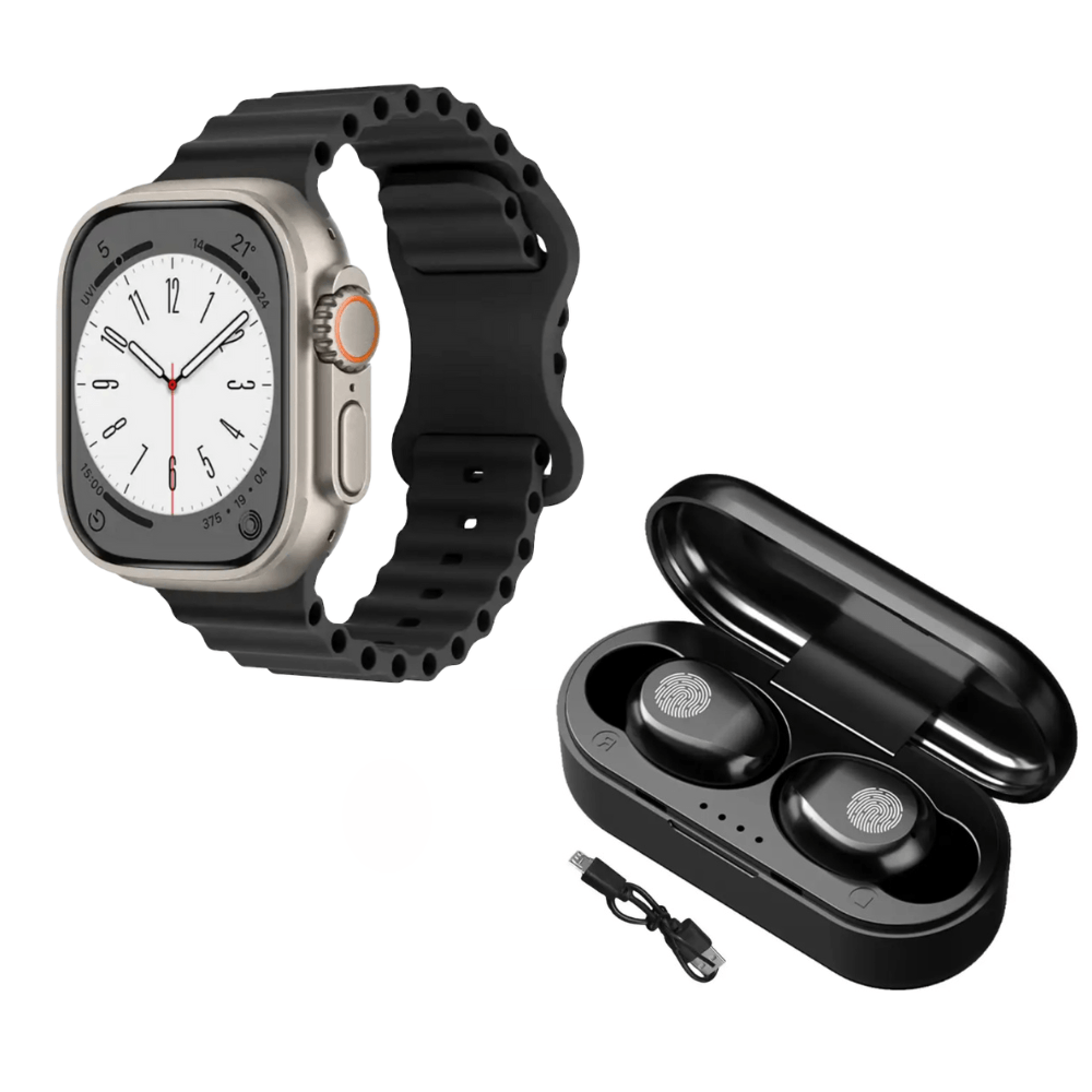 Pack Smartwatch T900 Ultra L Big Negro y Audífonos Bluetooth F9 Mini