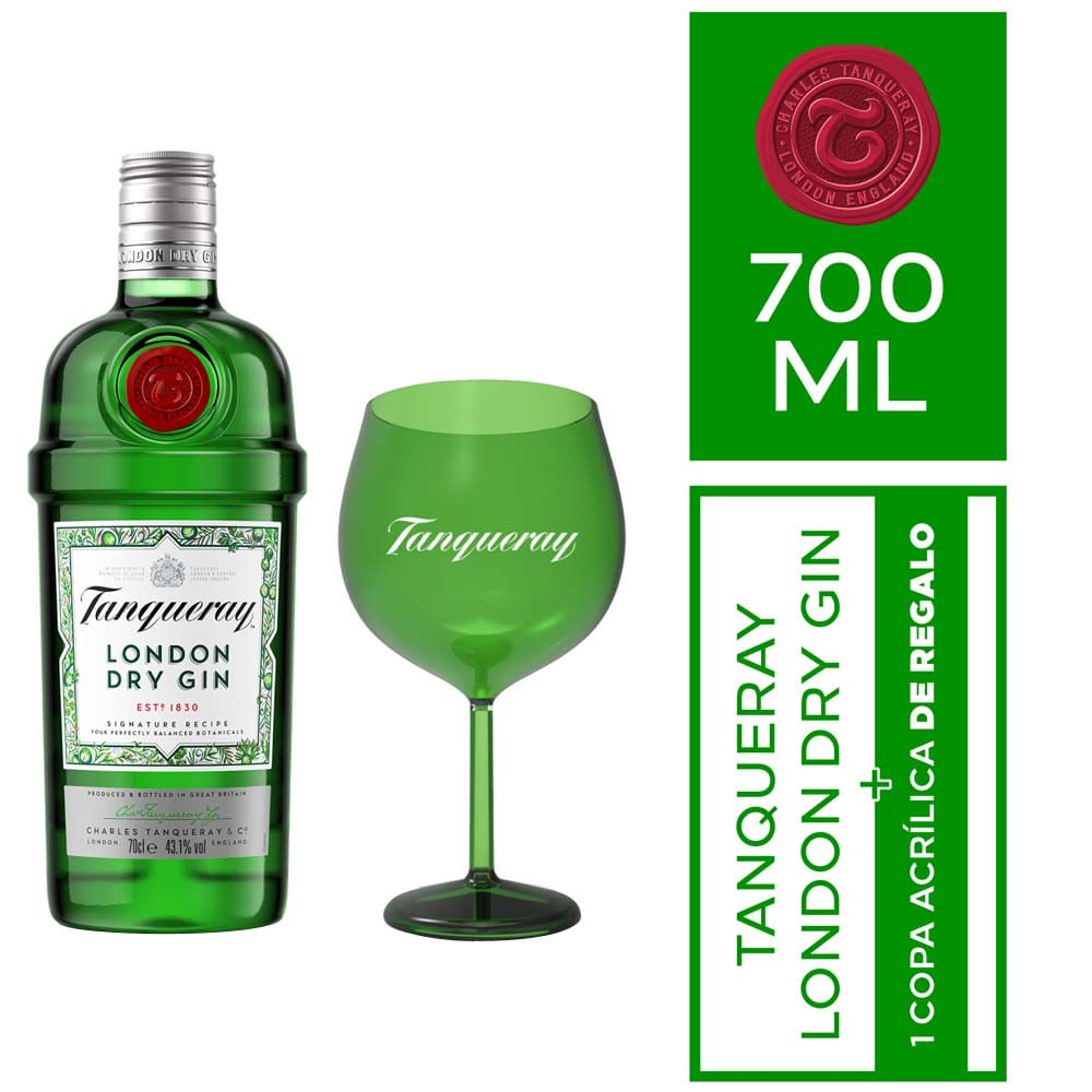 Pack Gin TANQUERAY London Dry Botella 750ml + Copa Acrílica