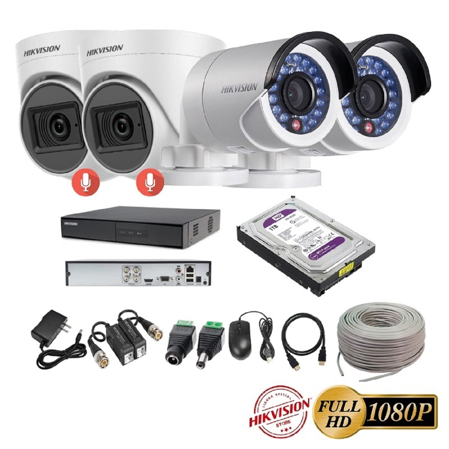 kit 4 Cámaras Seguridad FULLHD Hikvision + 1TB + AUDIO + Cable