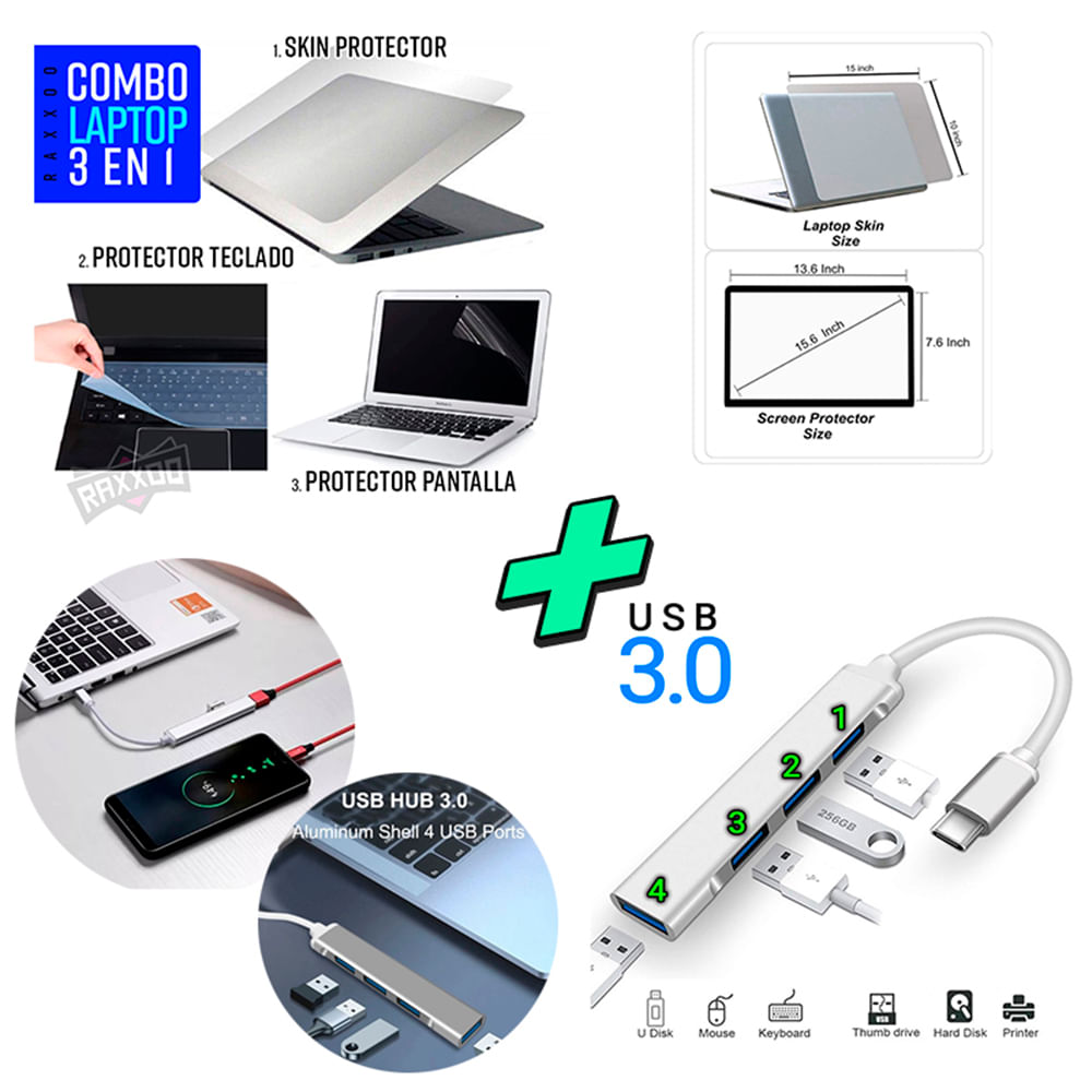 Kit Skin 3 en 1 para  Laptop + Hub C a USB 3.0 de 4 Puertos