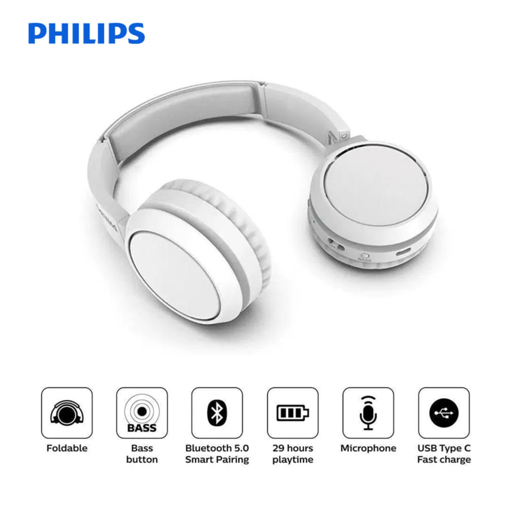 Audifono C/Microf. Philips Tah4205 Bluetooth 29h Bass Boost Plegable Usb-C Blanco
