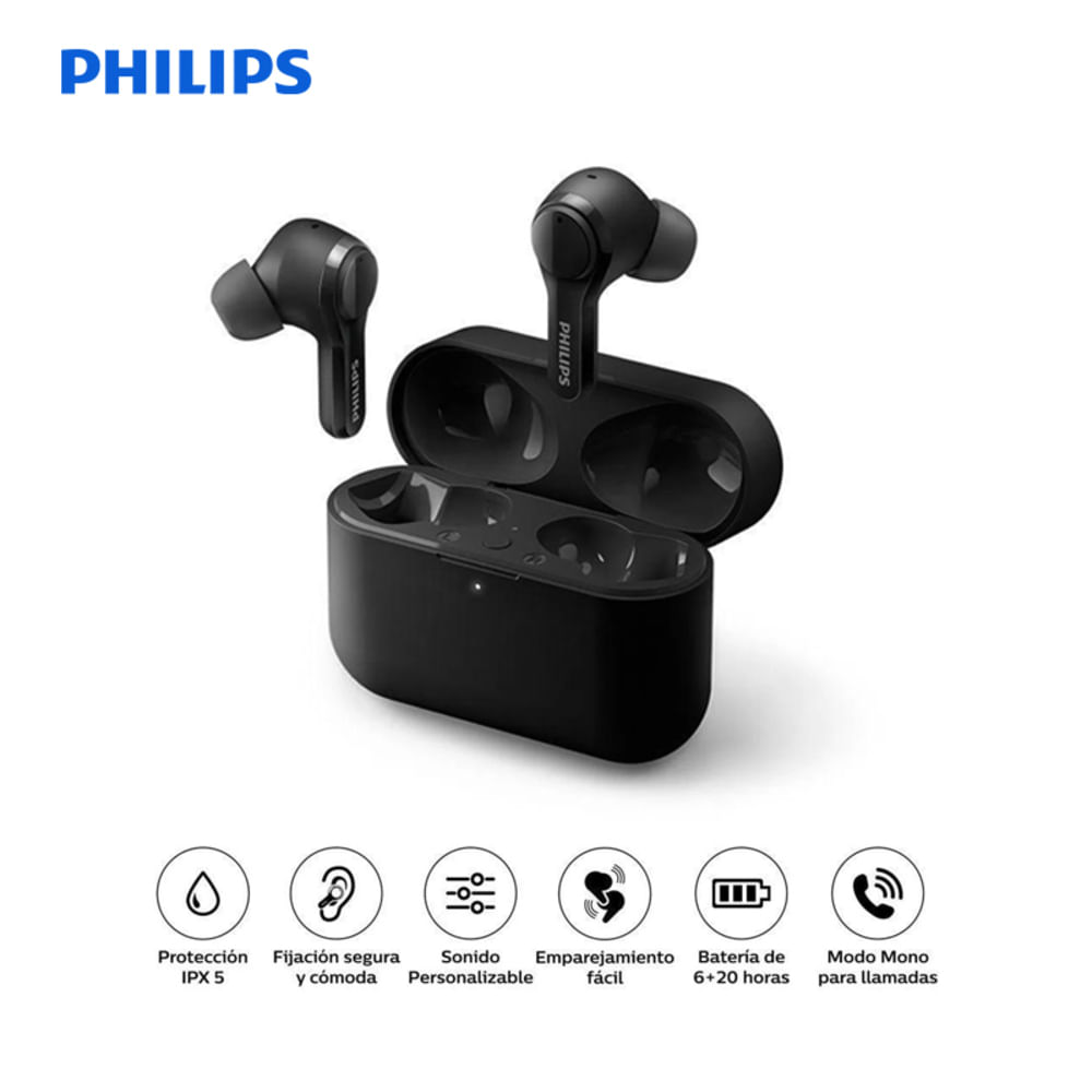 Audifono C/Microf. Philips True Wireless Tat3217bk Bt 26h 10mm Tactil Ipx5 Usb-C Black