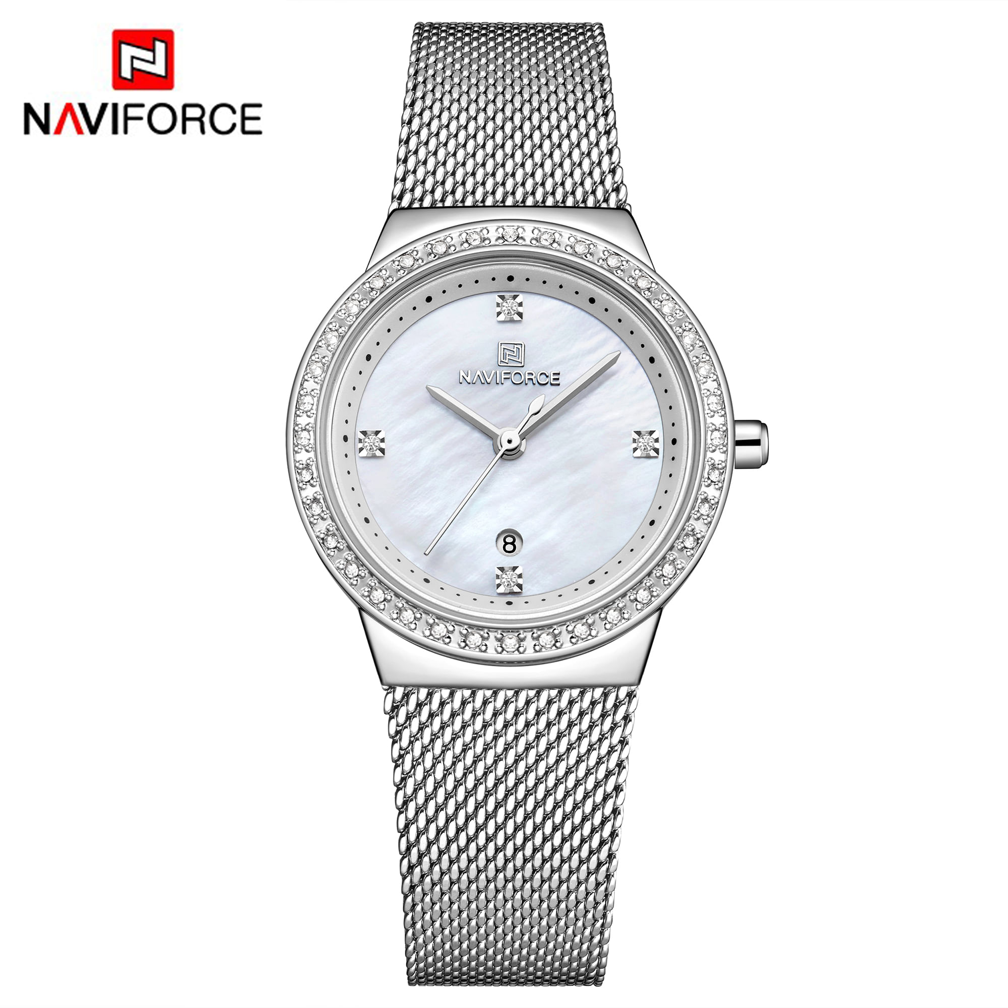 Reloj Naviforce Dama NF5005 PLATA BLANCO Analógico Calendario Correa Acero Inoxidable Elegante