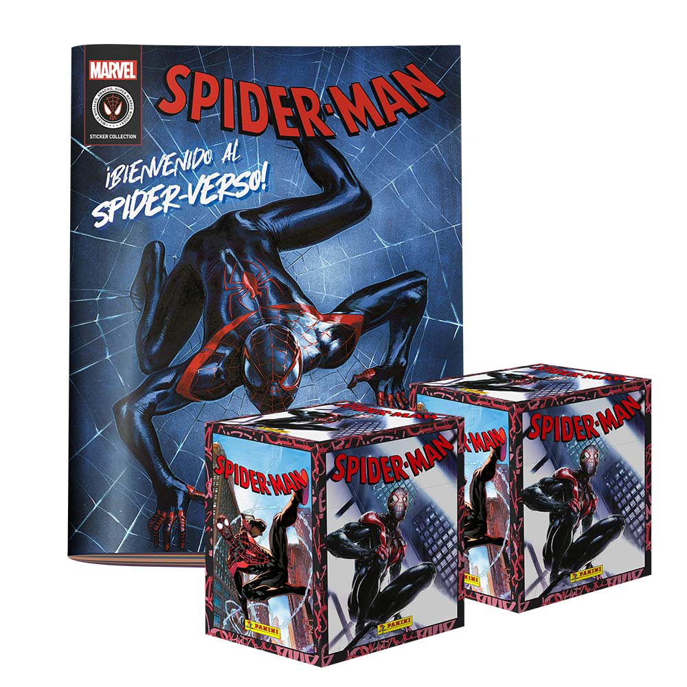 Album Spiderman in to Spiderverse Panini Tapa Blanda y 2 Cajitas de 100 Sobres