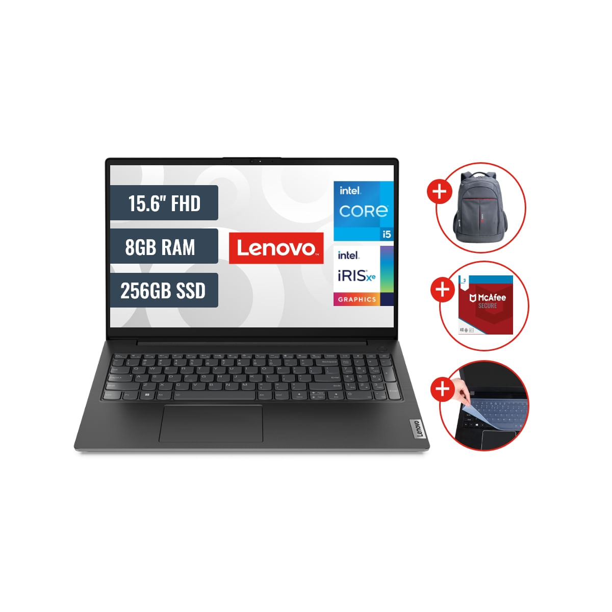 Combo Laptop Lenovo V15 Intel Core i5 8GB RAM 256GB SSD 15.6 Mochila Antivirus y Protector Teclado