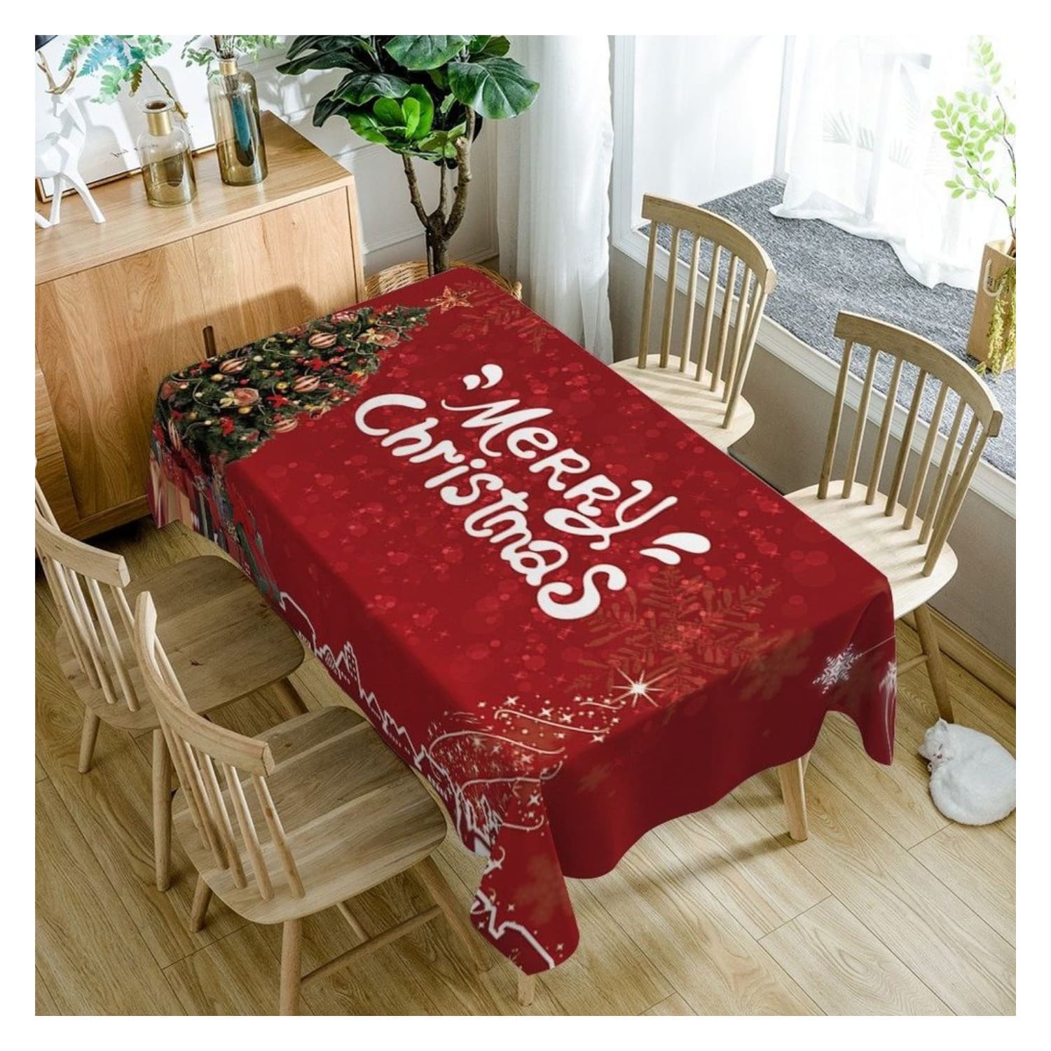 Mantel Navideño Rectangular 152cm x 250cm Rojo Diseño de Arbol de Navidad