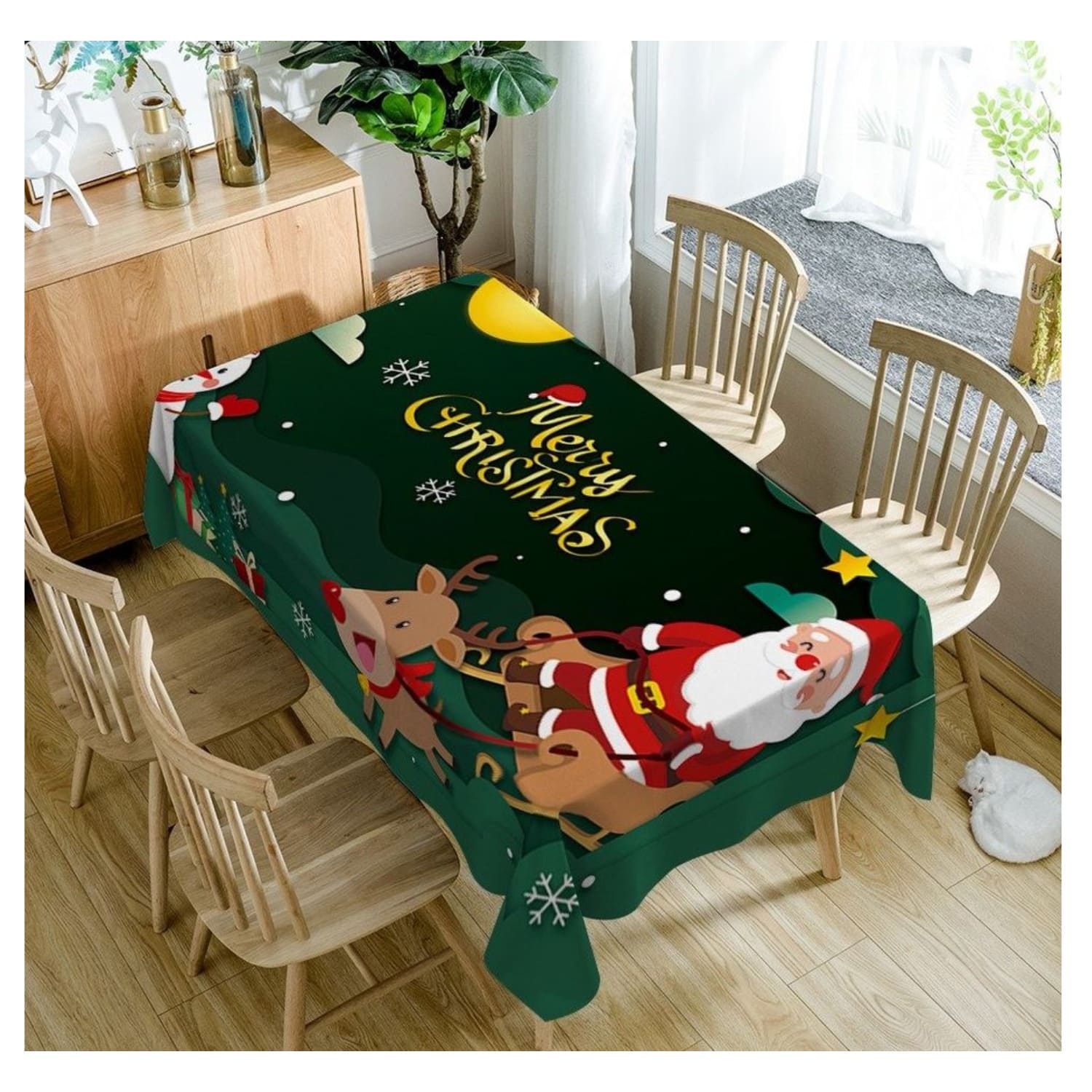 Mantel Navideño Rectangular 152cm x 250cm Verde Diseño Renos Navideños