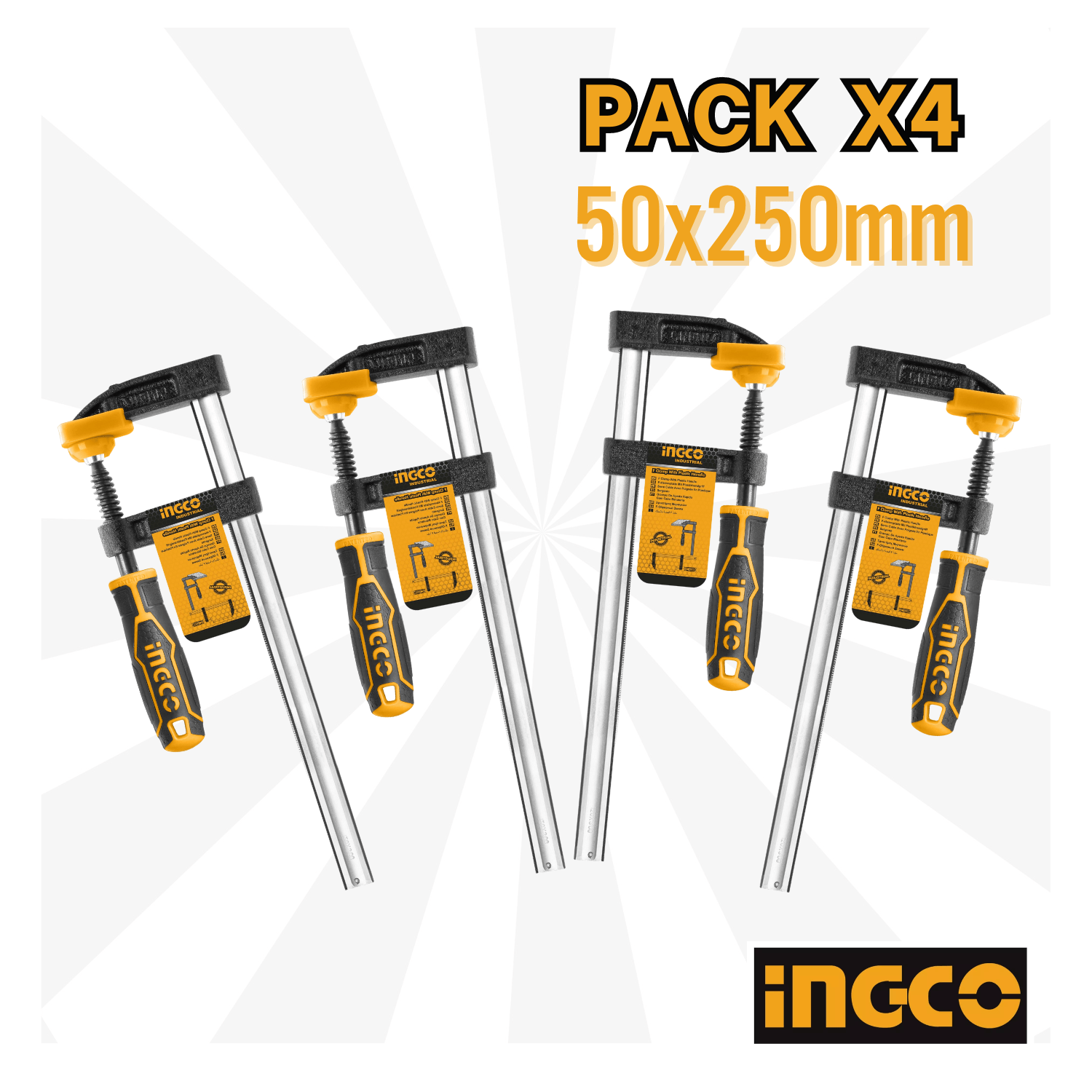 Pack x4 Prensa Sargento Tipo F 50 x 250MM Industrial Ingco  HFC020503- x4