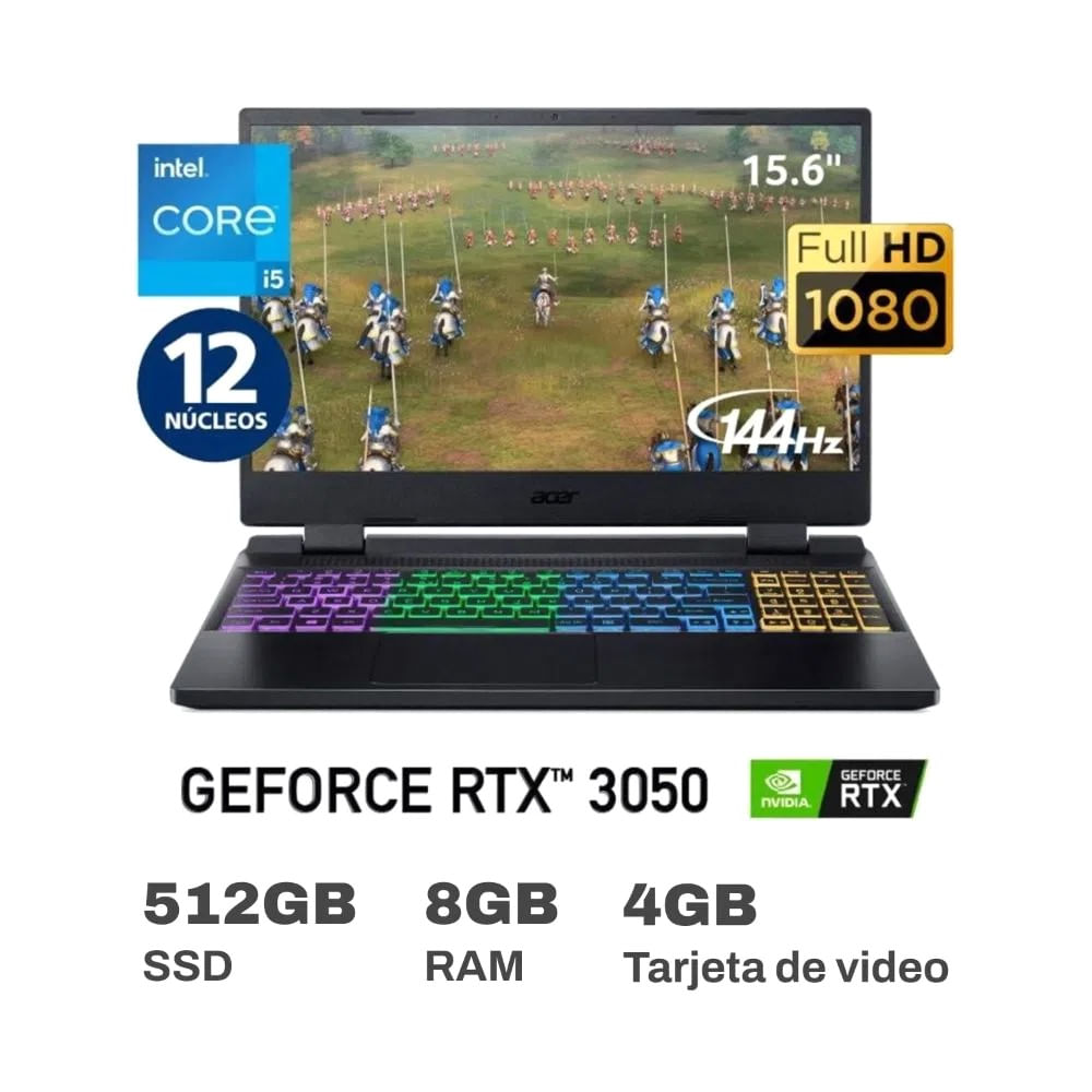 Laptop Acer NITRO 5  I5 12500H 12 nucleos 8gb 512gb ssd 15.6 FHD  4g video RTX 3050 window 11 RGB