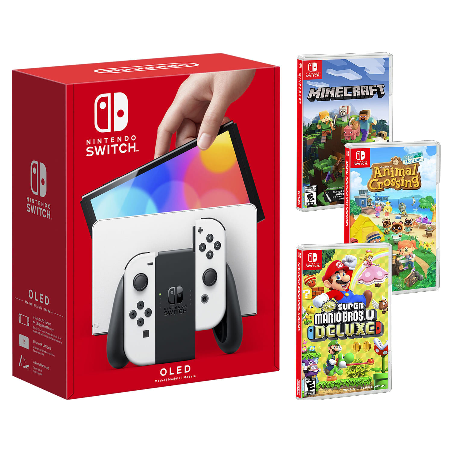 Consola Nintendo Switch OLED Blanca + New Mario + Nimal Crossing + Minecraft