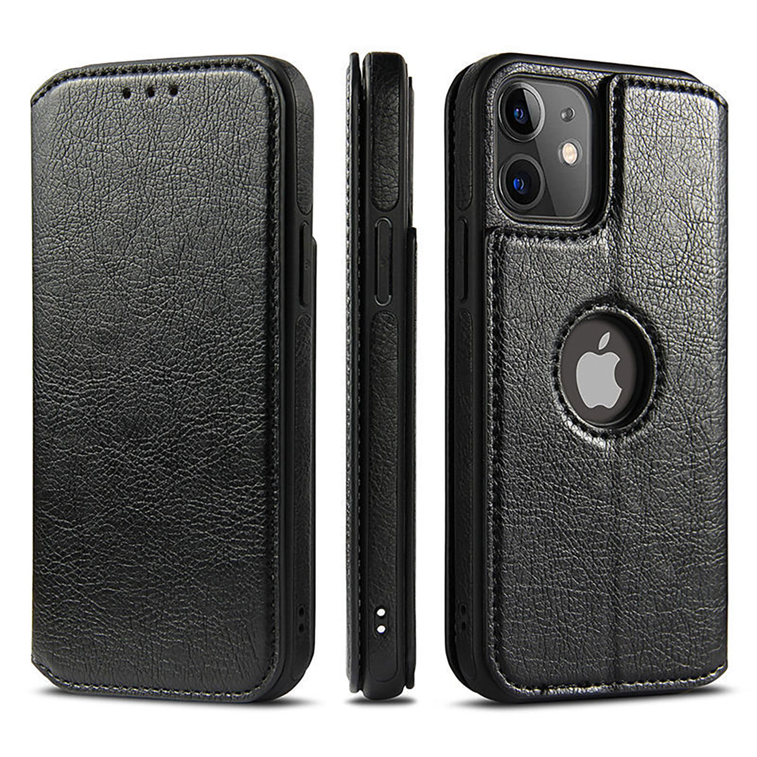 Funda de Cuero Para Iphone 15 Pro con tapa magnética y Tarjetero Tipo Billetera - Negro