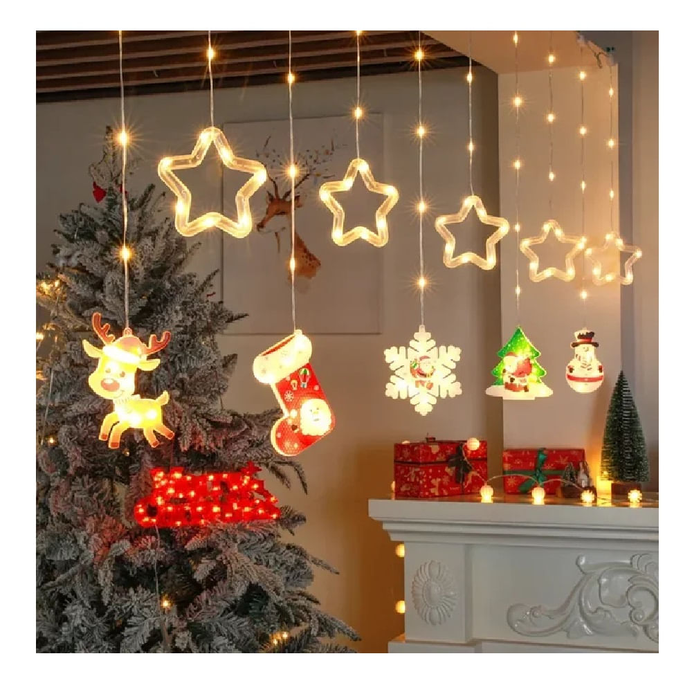 Luces De Navidad Cortina Con Figuras Navideñas 3m en Multicolor