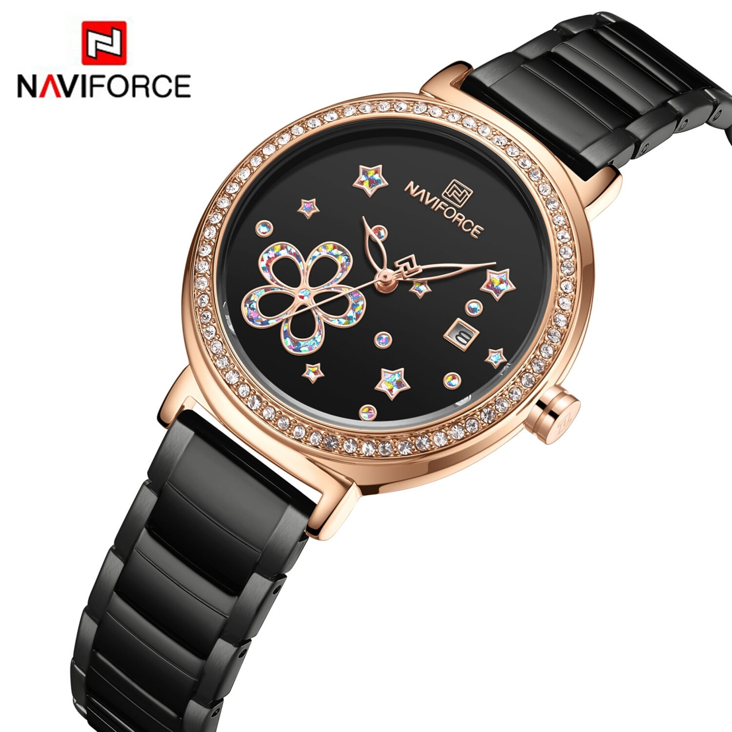 Reloj Naviforce Dama NF5016 NEGRO ORO ROSA Analógico Calendario Correa Acero Inoxidable Elegante
