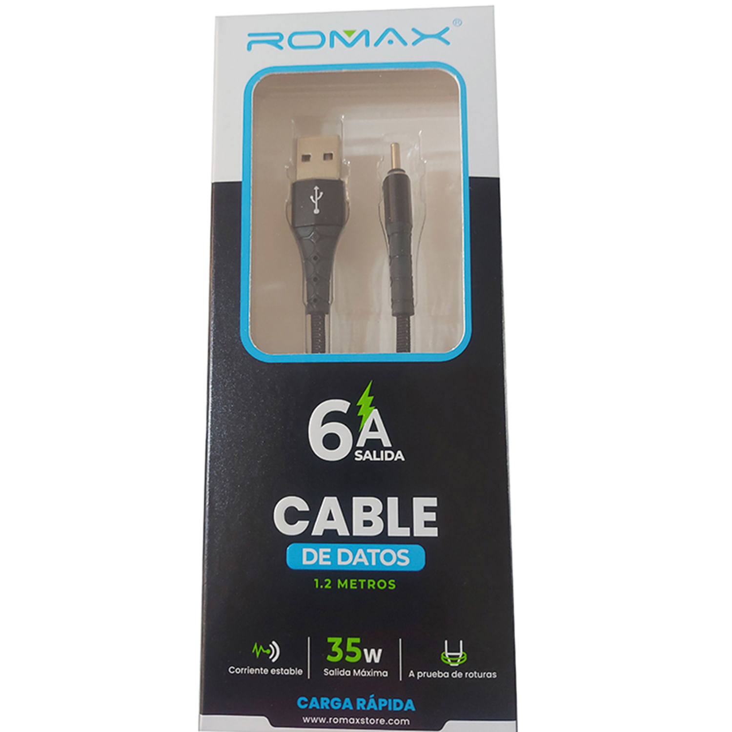 Cable de datos USB-Tipo C - Negro, Carga rápida 6A, Antienrrollamiento