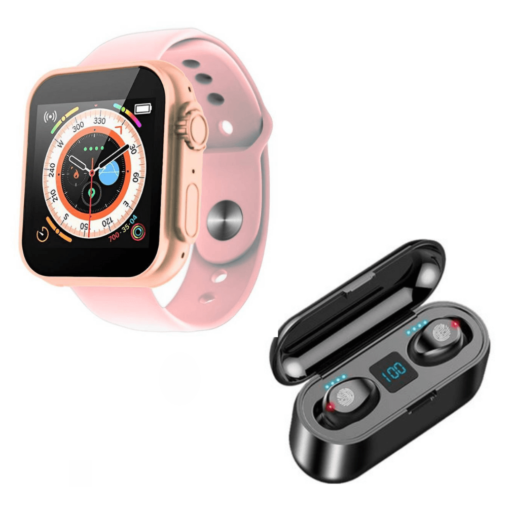 Pack Smartwatch D20 Ultra Rosado y Audífonos Bluetooth F9 Negro