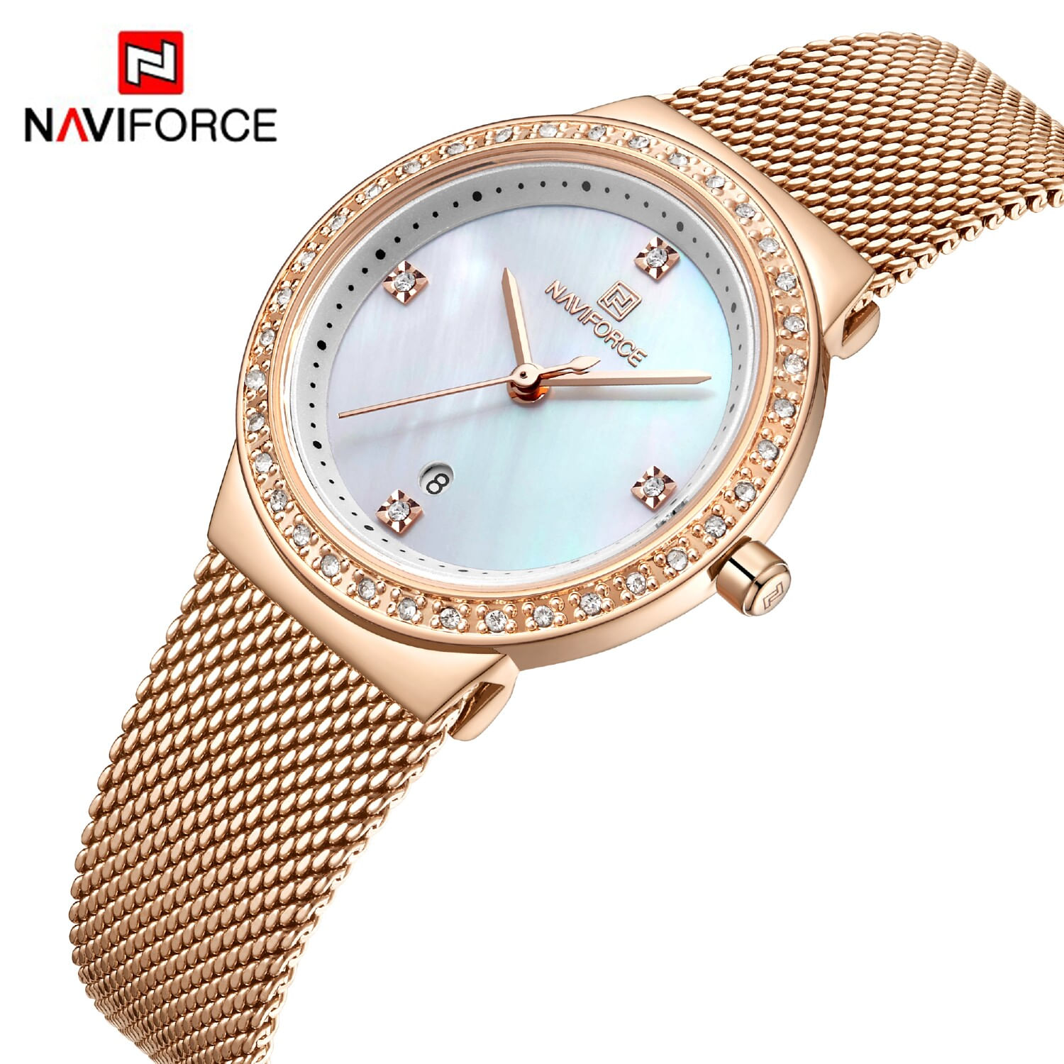 Reloj Naviforce Dama NF5005 ORO ROSA Analógico Calendario Correa Acero Inoxidable Elegante