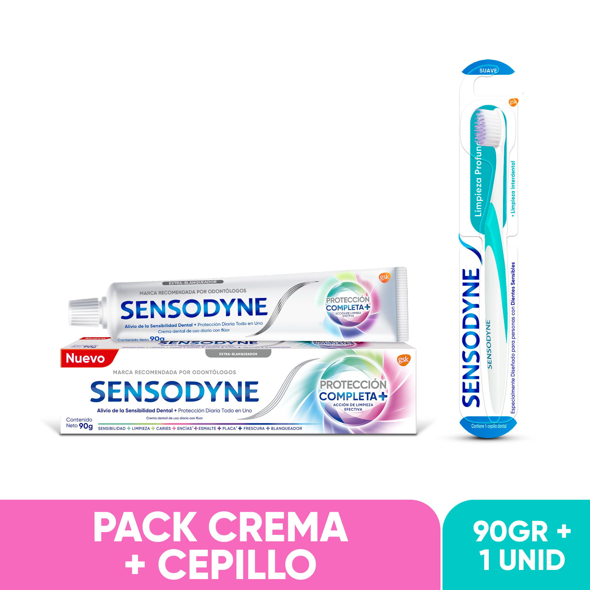 Pack SENSODYNE Cepillo Dental Limpieza Profunda 1 un + Crema Dental Proteccion Dientes Sensibles Caja 90g