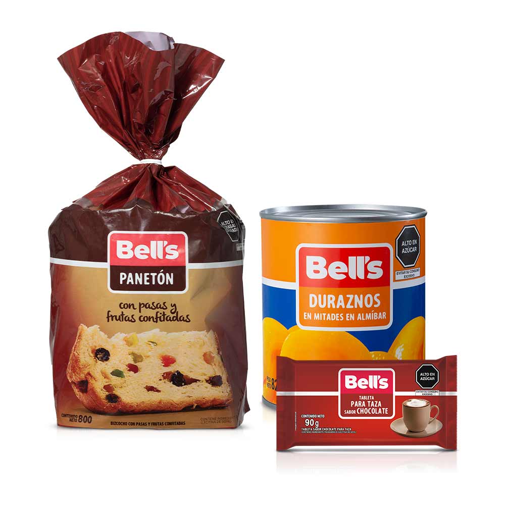 Pack Panetón BELL'S Bolsa 800g + Chocolate para Taza BELL'S Tableta 90g + Durazno en Mitades BELL'S Lata 820g