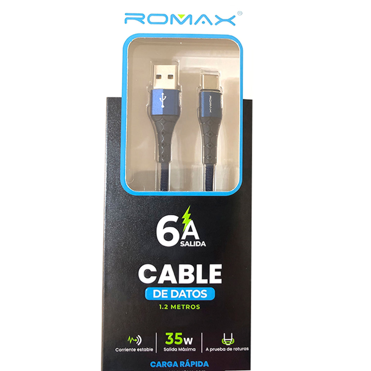 Cable de datos USB-Tipo C  Azul, Carga rápida 6A, Antienrrollamiento