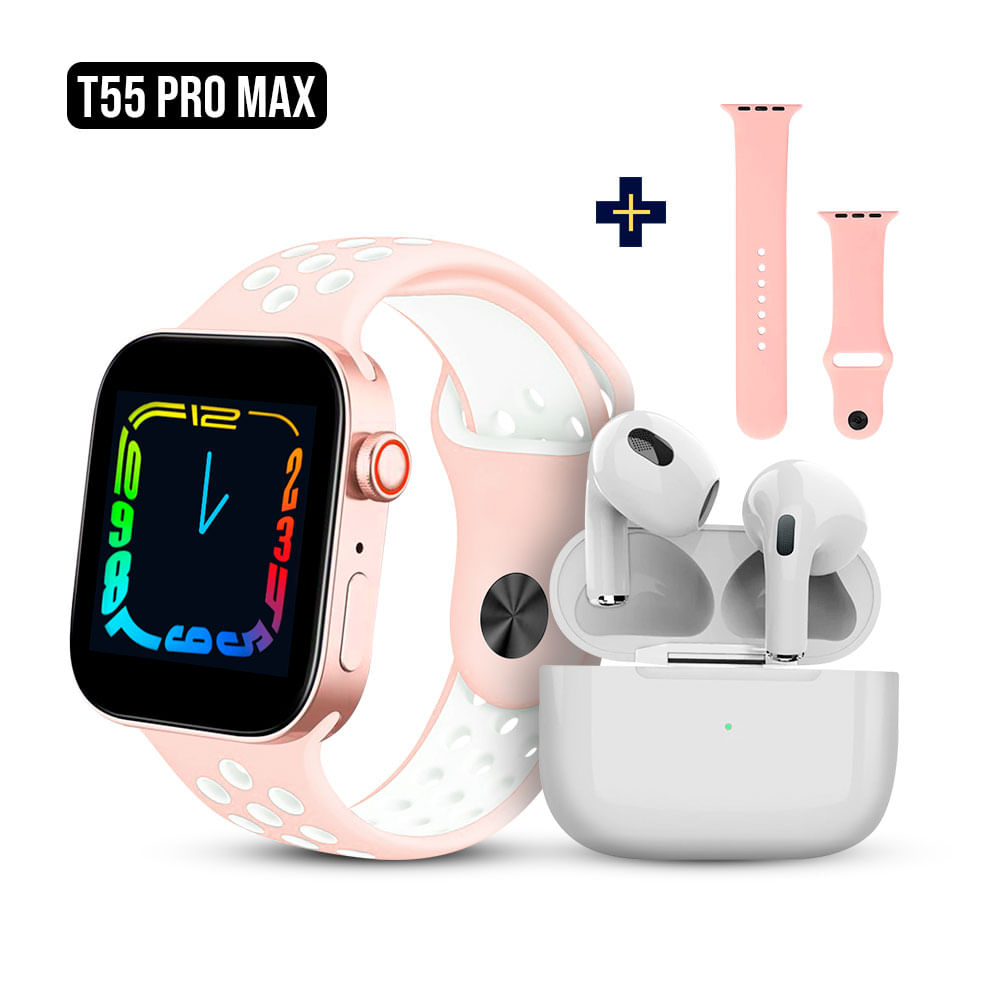 Smartwatch T55 PRO MAX Realiza llamadas y Audífonos Bluetooth Rosa