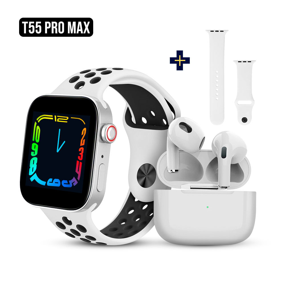 Smartwatch T55 PRO MAX Realiza llamadas y Audífonos Bluetooth Blanco