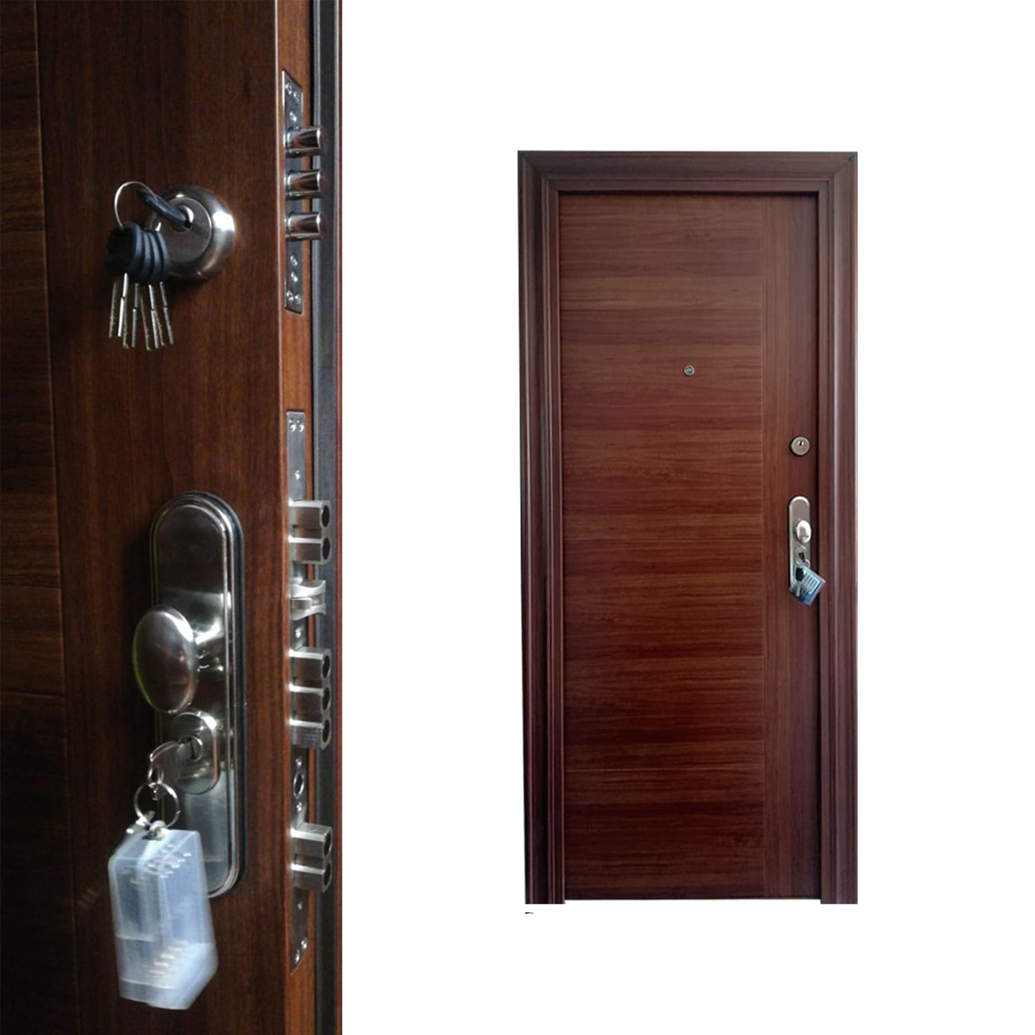 Puerta de Acero de Seguridad Rino Doors Modelo Kullu Color madera 89cm x 209cm con Apertura L