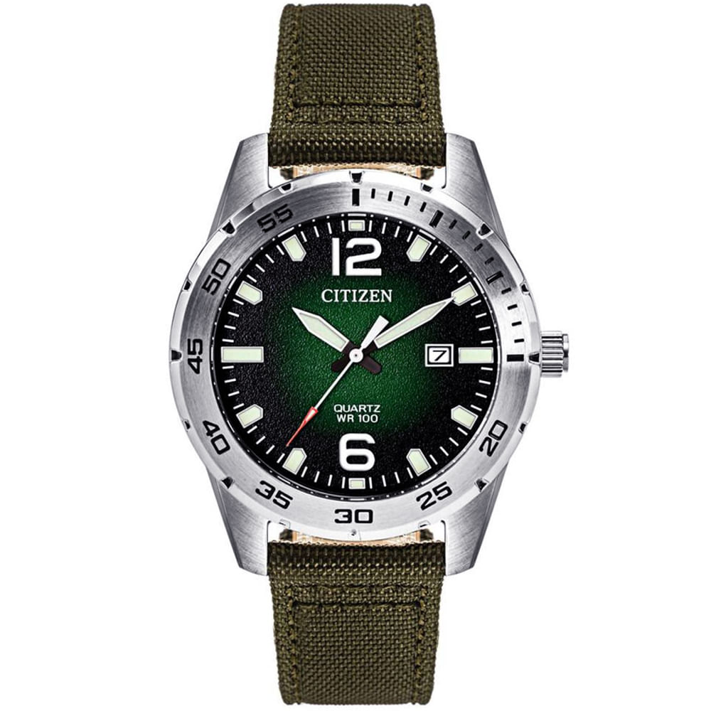 Reloj Citizen BI1041-06X Para Hombre Fecha Acero Inoxidable Correa de Nylon Verde Militar