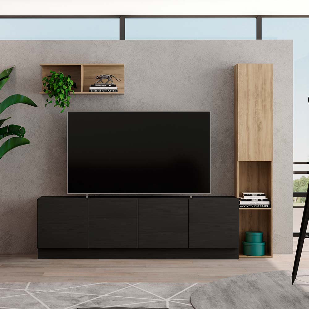COMBO Mueble de sala modular Orange: Estante con puerta 175cm Maple + Mesa TV 4 puertas Negro + Repisa 78cm Maple