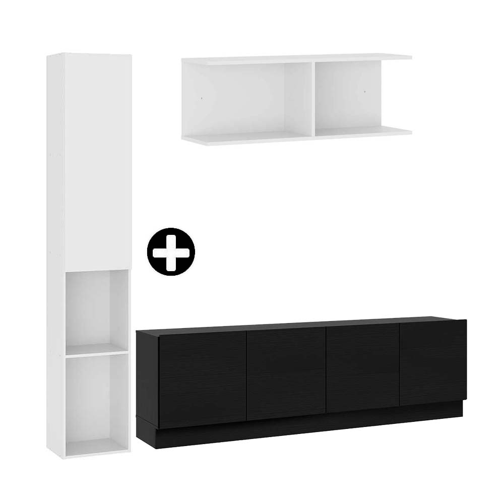 COMBO Mueble de sala modular Orange: Estante con puerta 175cm Blanco + Mesa TV 4 puertas Negro + Repisa 78cm Blanco