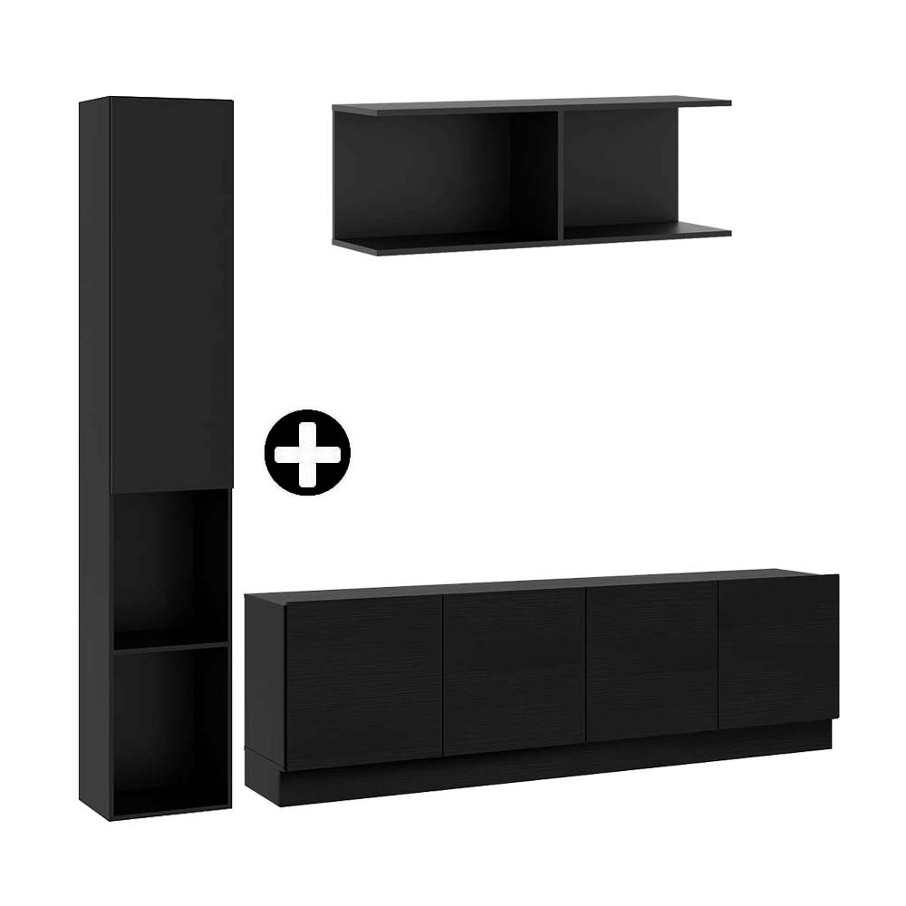 COMBO Mueble de sala modular Orange: Estante con puerta 175cm + Mesa TV 4 puertas + Repisa 78cm Negro
