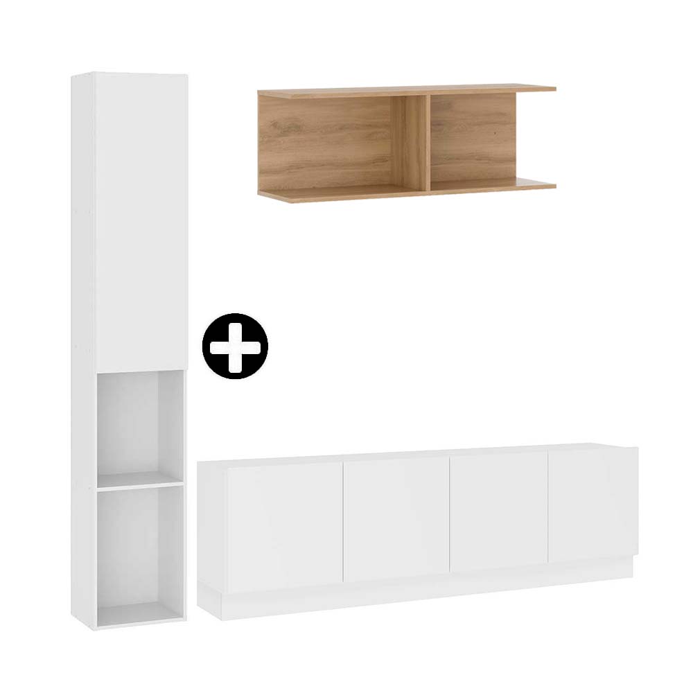 COMBO Mueble de sala modular Orange: Estante con puerta 175cm Blanco + Mesa TV 4 puertas Blanco + Repisa 78cm Maple