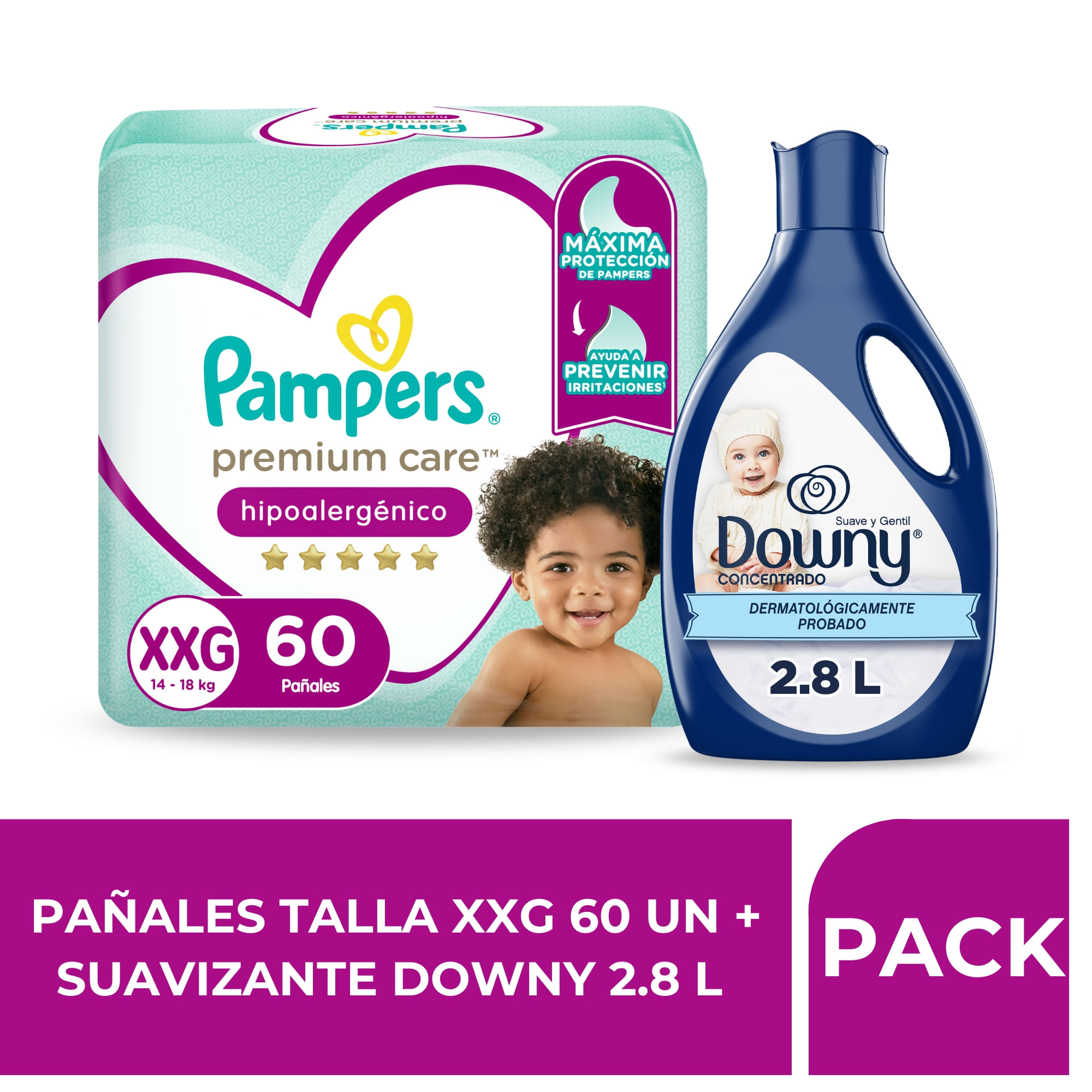 Pack Pañales Bebé PAMPERS Premium Care Talla XG 60un + Suavizante DOWNY Concentrado 2.8L